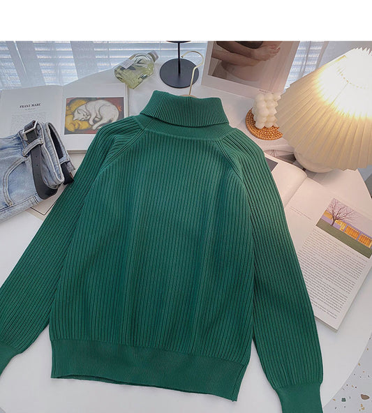 Pull tricoté rétro simple à col haut pour femme, haut à manches longues 6662
