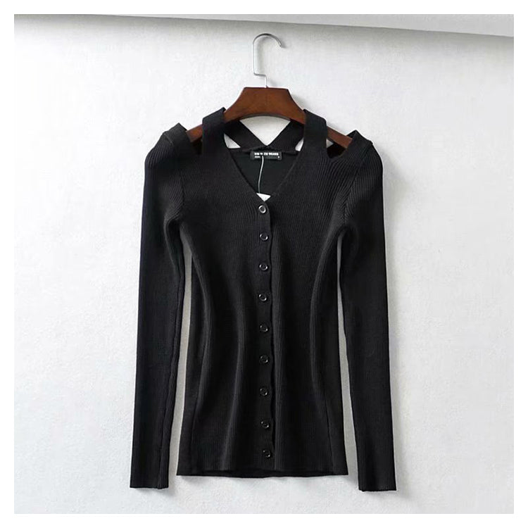 Vielseitige undichte Schulter V-Ausschnitt Langarm Pullover Cardigan Top 7273
