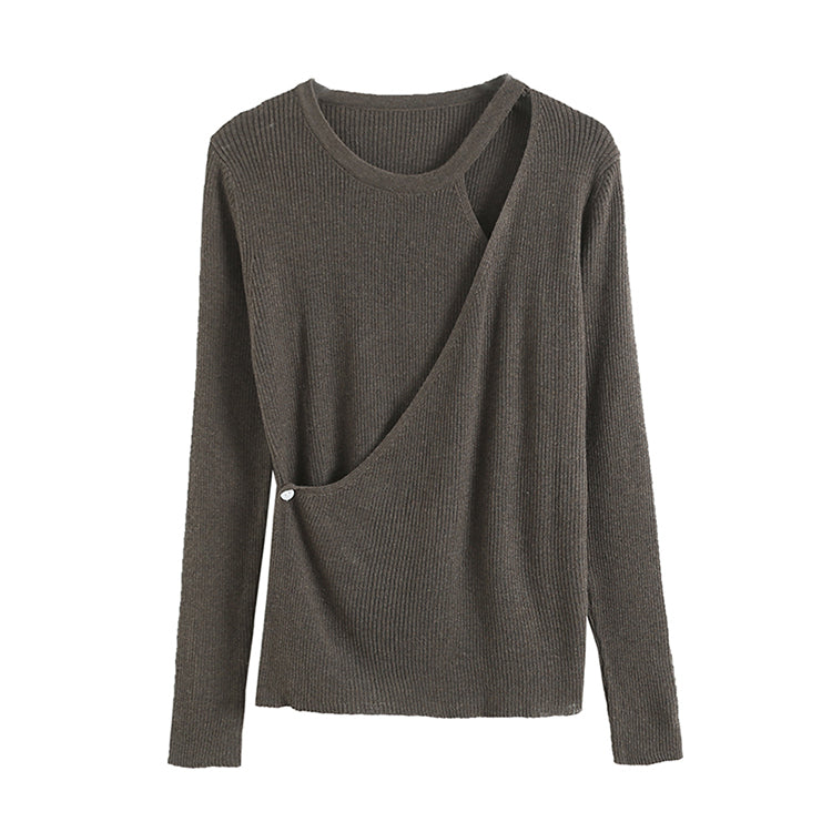 Design sense irregular knit shirt female autumn slim fit pure color bottomed shirt  7267