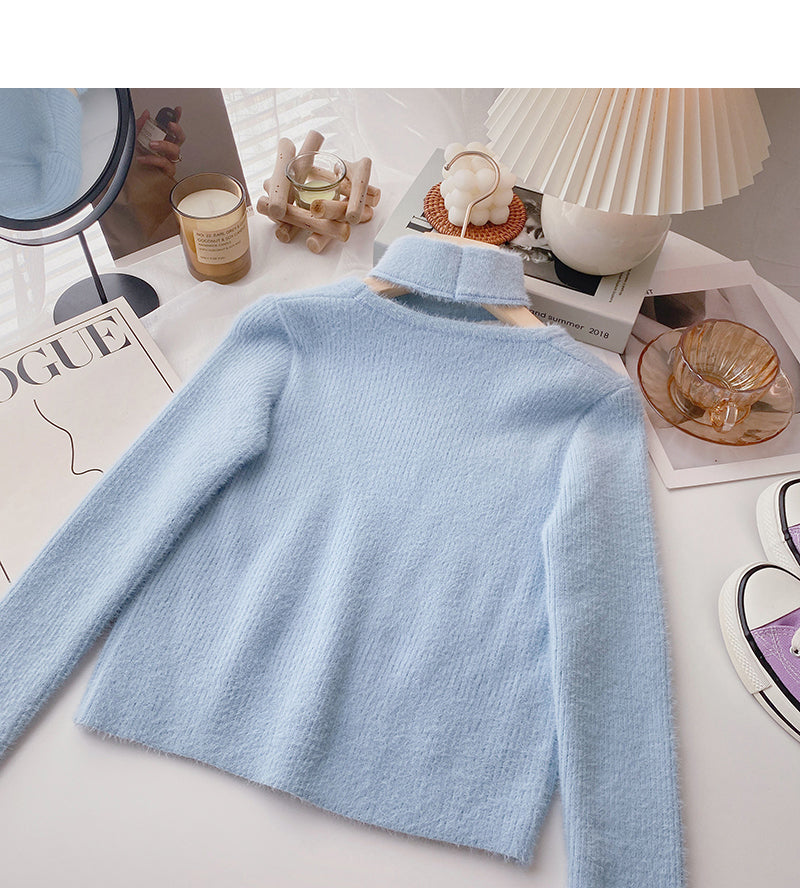 Imitation mink cashmere solid color sweater, niche design, hollow neck coat  6136
