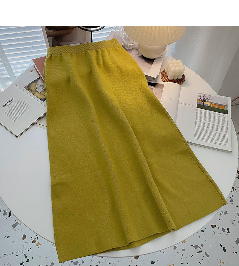 Jupe en tricot polyvalente taille haute décontractée rétro unie 5774