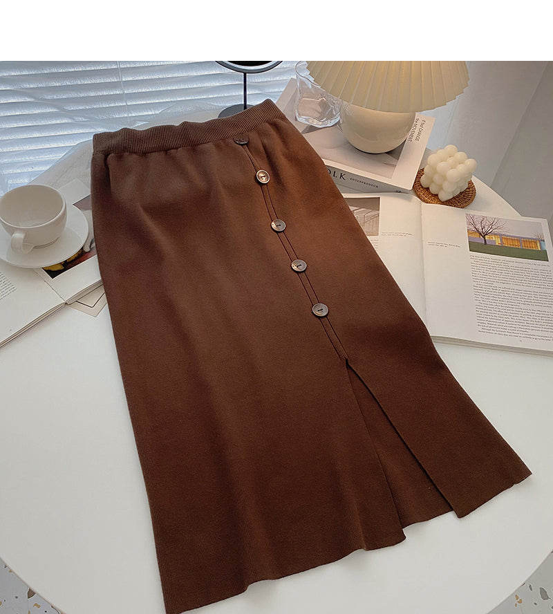 Design sense single breasted split A-line slim Knit Skirt  5741