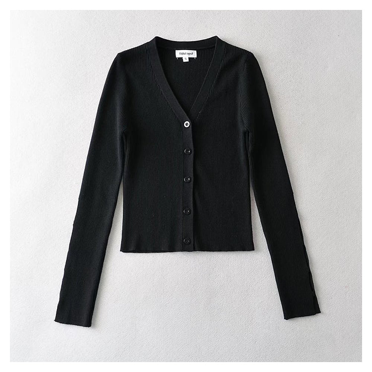 Cardigan en tricot à col en V, simple boutonnage, taille haute, nombril ouvert 7385