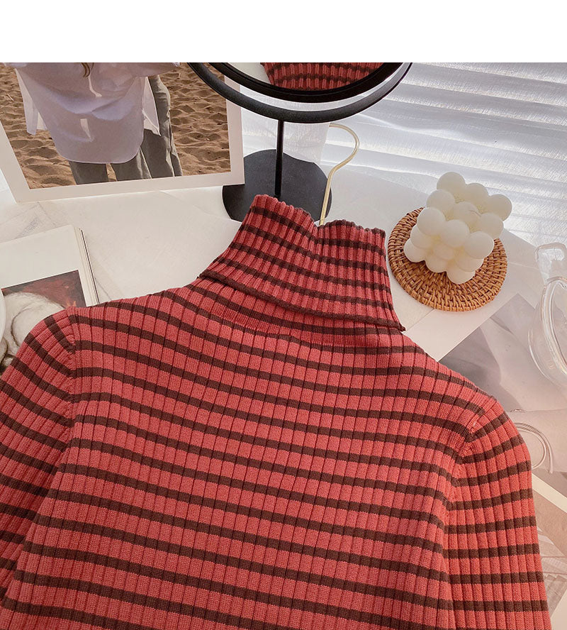 Beliebter Pullover 6652 mit Stehkragen, gestreiftem Boden und langen Ärmeln