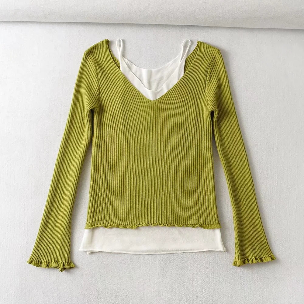 Design sense versatile fake two off shoulder contrast slim fit knitwear  7386