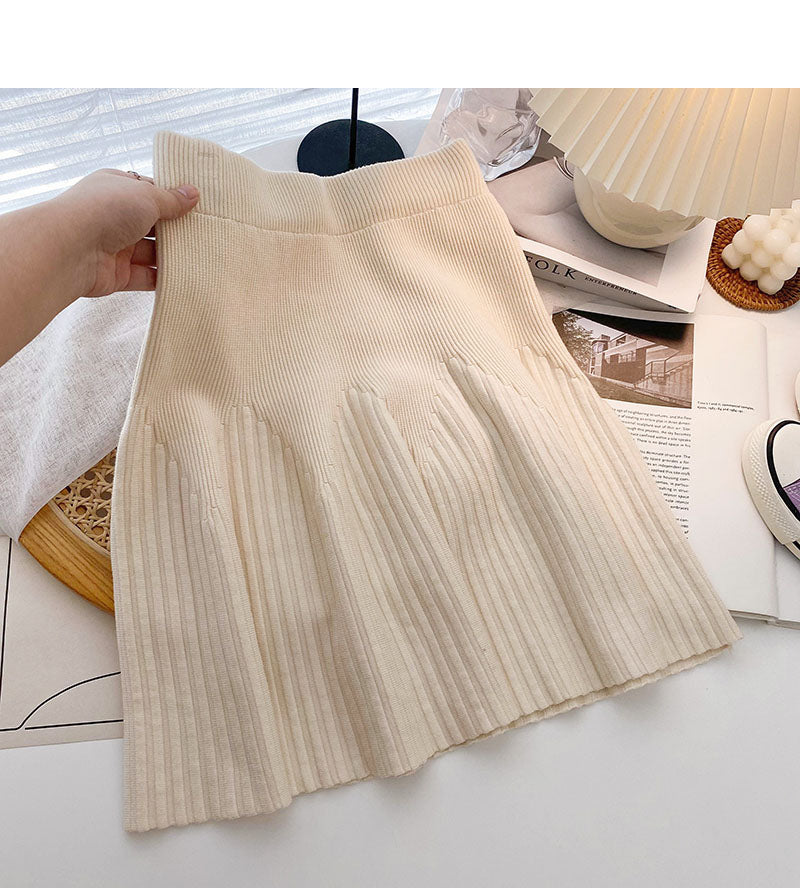 Knitted skirt, versatile pleated high waist A-line skirt  5339