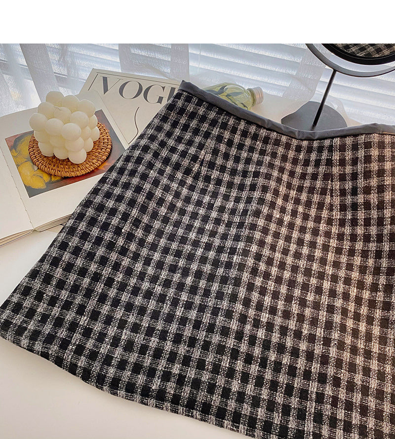 High waist wrap buttock woolen skirt shows thin Plaid A-line skirt  5347