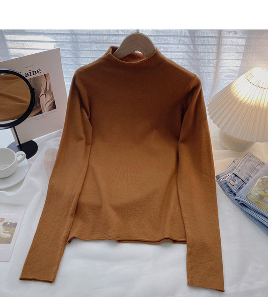 Pull uni à col montant et manches longues pour femme, haut tricoté 6651