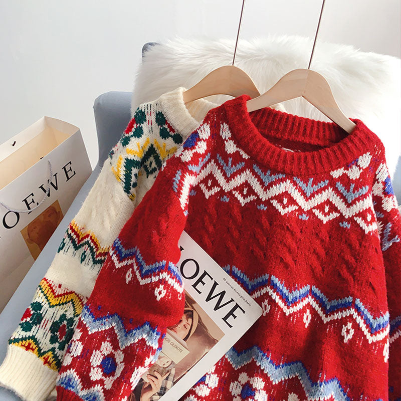 Pull vintage en jacquard rouge en laine grossière 5134