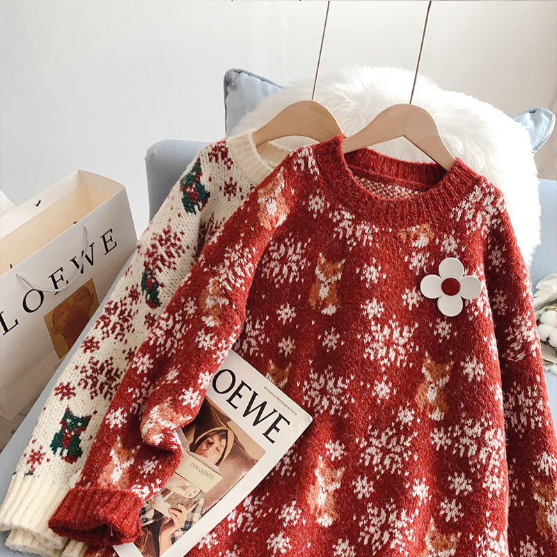 Pull tricoté jacquard rouge vintage de Noël 5125