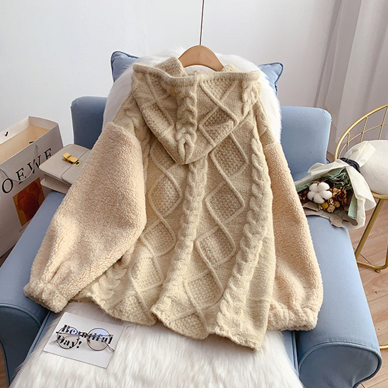 Pull en laine d'agneau cousu pour femme, modèle à capuche 5203