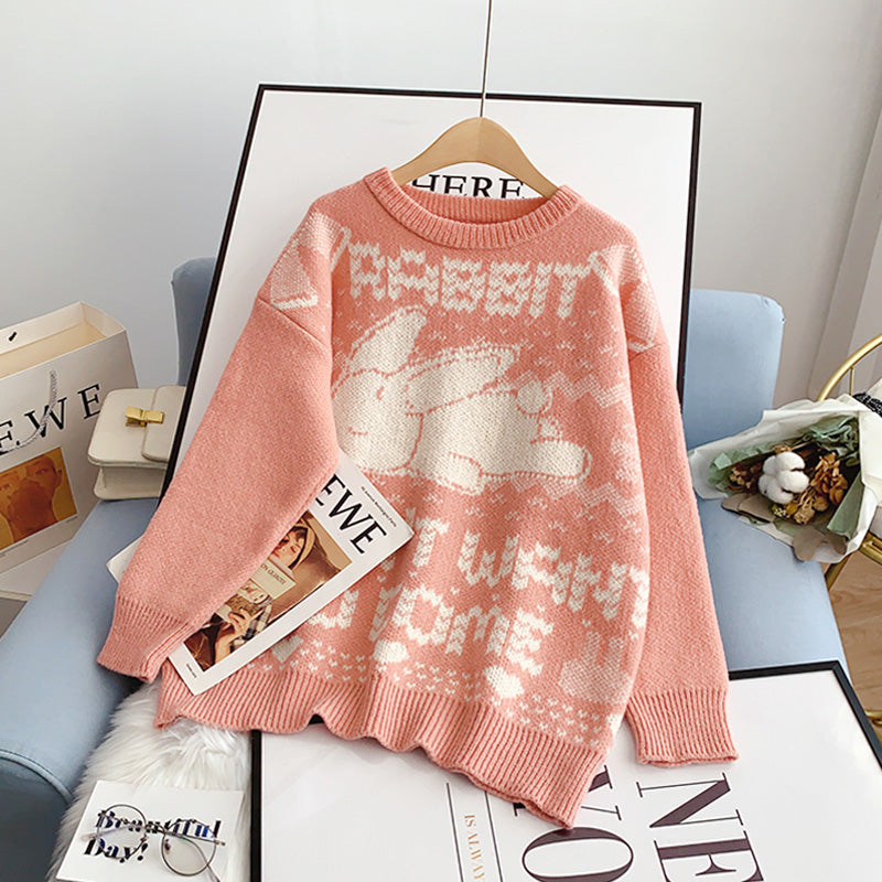 Pull jacquard à motif lapin mignon rétro japonais 5175