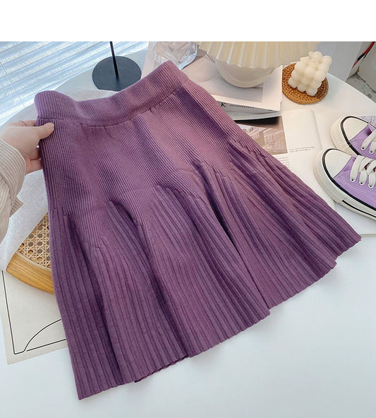 Knitted skirt, versatile pleated high waist A-line skirt  5339