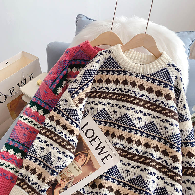 Pull jacquard vintage ample et décontracté 5135