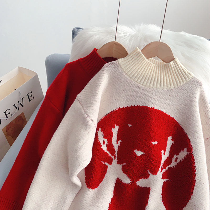 Pull col roulé à thème de Noël style décontracté ample 5131