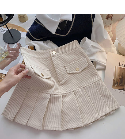 Pleated Hip Wrap Skirt high waist corduroy A-line skirt  5282