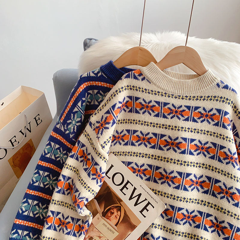 Pull jacquard doux et ciré vintage à col rond pour femme 5166