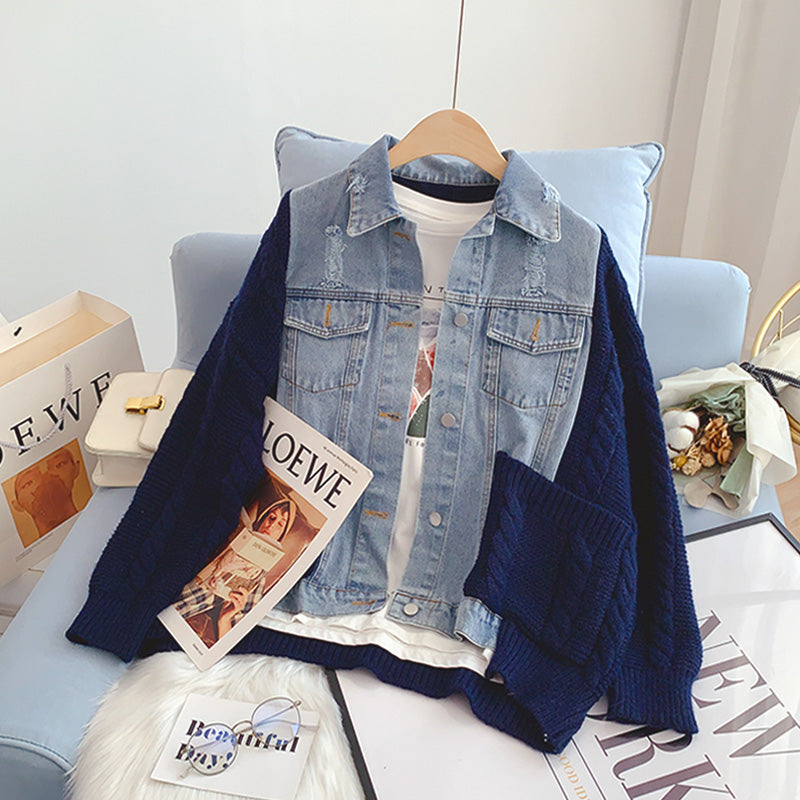 Manteau pull en denim cousu, modèle femme, polyvalent 5241