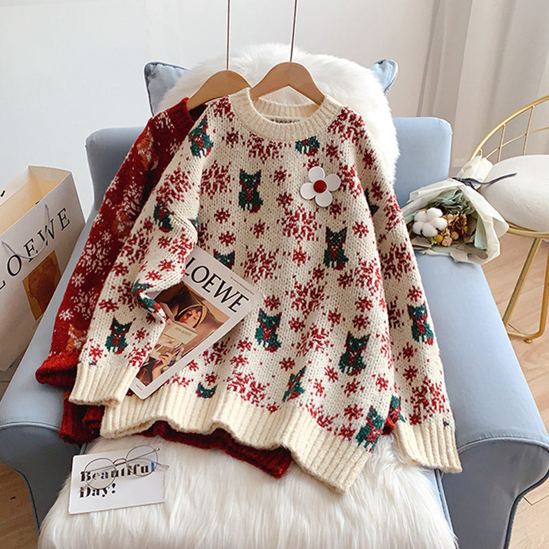 Pull tricoté jacquard rouge vintage de Noël 5125