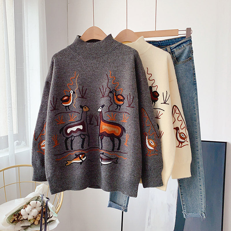 Pull brodé de l'industrie lourde rétro style Hong Kong col mi-haut 5160