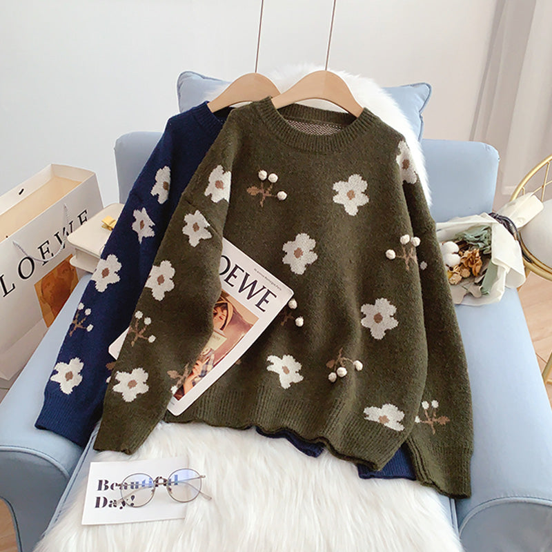 Pull fleuri vintage col rond jacquard 5207