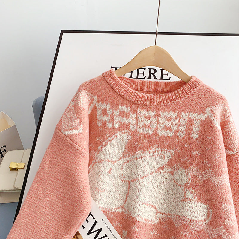 Pull jacquard à motif lapin mignon rétro japonais 5175