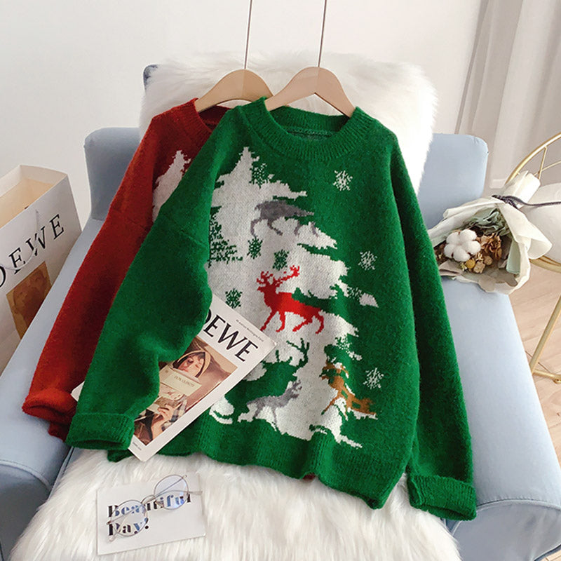 Pull de Noël rouge avec motif d'élan 5180