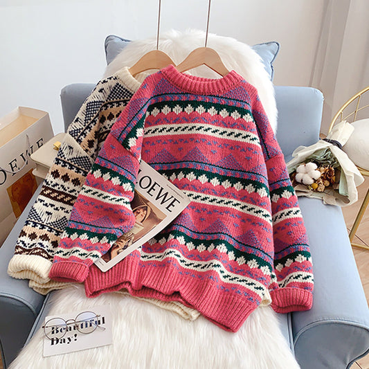 Pull jacquard vintage ample et décontracté 5135