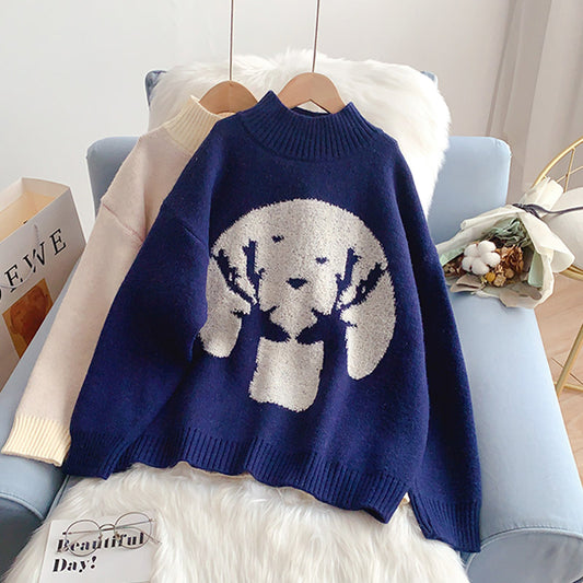 Pull col roulé à thème de Noël style décontracté ample 5131