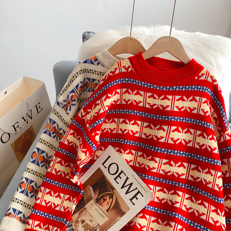 Pull jacquard doux et ciré vintage à col rond pour femme 5166