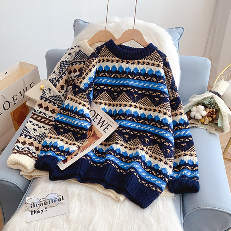 Pull jacquard vintage ample et décontracté 5135