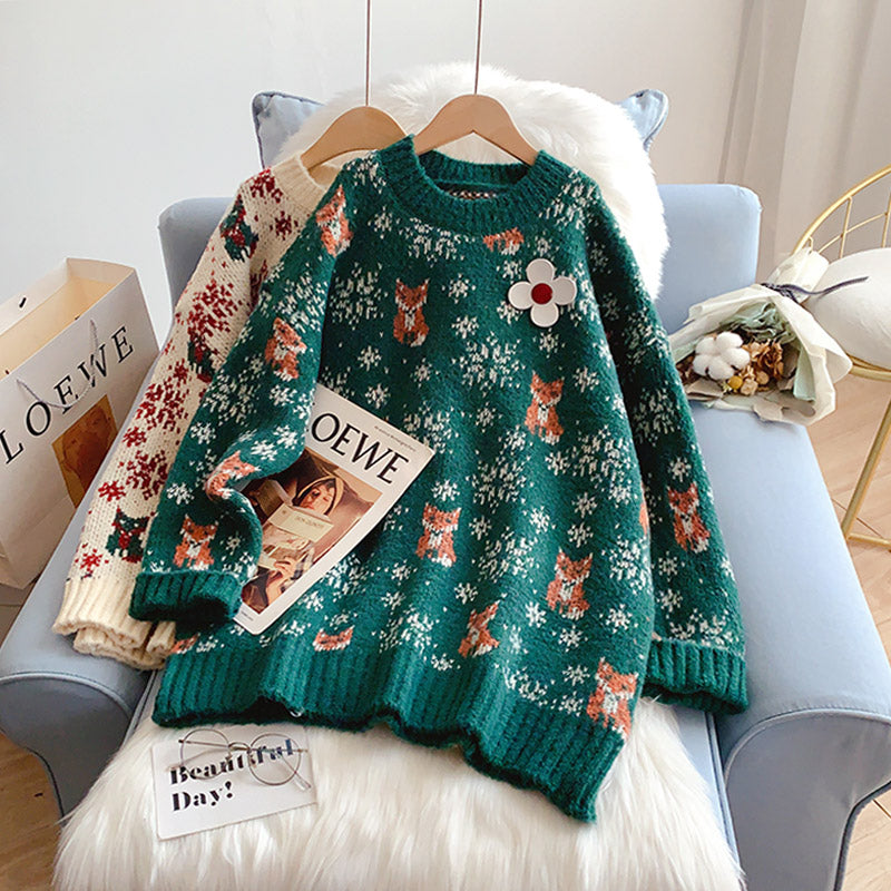 Pull tricoté jacquard rouge vintage de Noël 5125