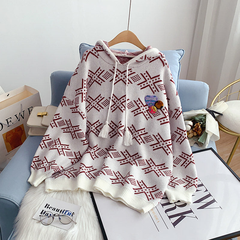 Pull à capuche rouge en filet avec pull tricoté coréen 5111