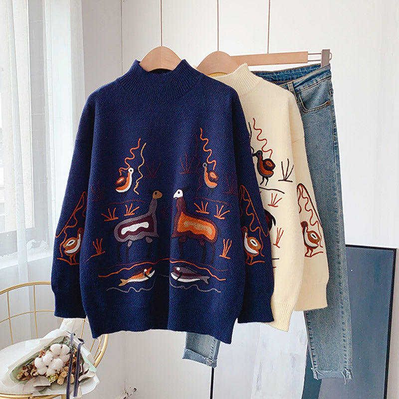 Pull brodé de l'industrie lourde rétro style Hong Kong col mi-haut 5160
