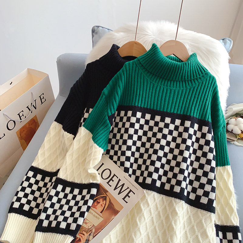 Robe pull col roulé à damier 5210
