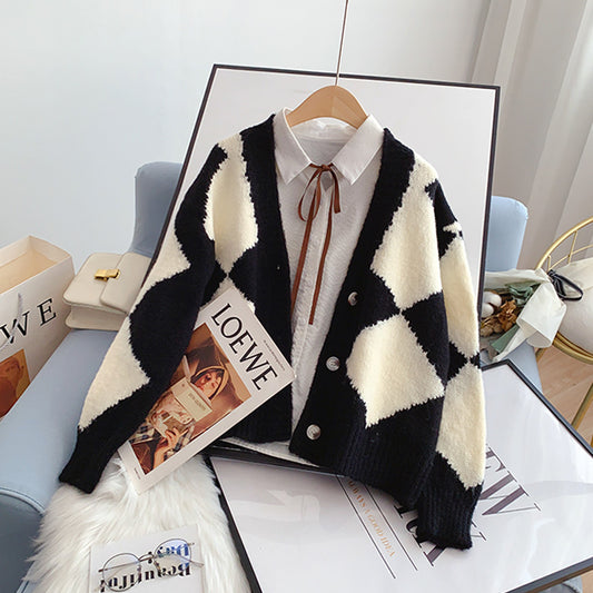 Pull cardigan vintage à contraste rhombique, veste tricotée 5242