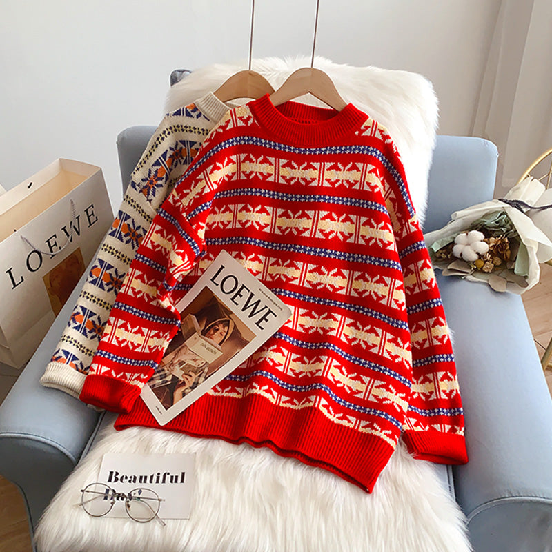 Pull jacquard doux et ciré vintage à col rond pour femme 5166
