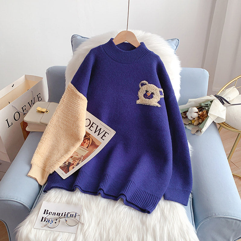 Petit pull ours doux et ciré Pull vieillissant style étranger frit fille de rue 5237