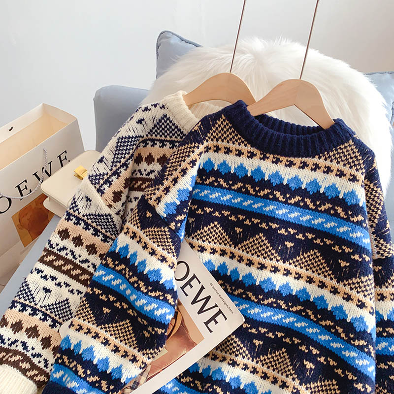 Pull jacquard vintage ample et décontracté 5135