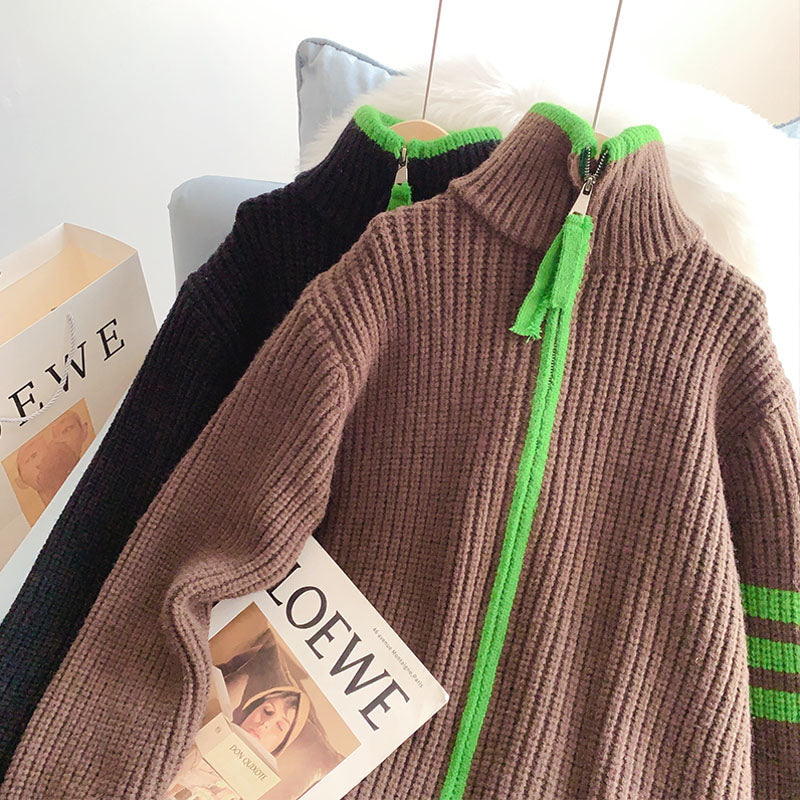 Lazy design high neck zipper sweater cardigan women  5137