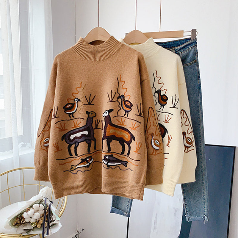 Pull brodé de l'industrie lourde rétro style Hong Kong col mi-haut 5160