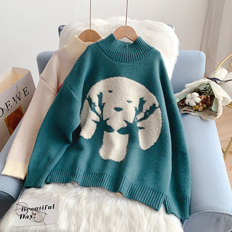 Pull col roulé à thème de Noël style décontracté ample 5131