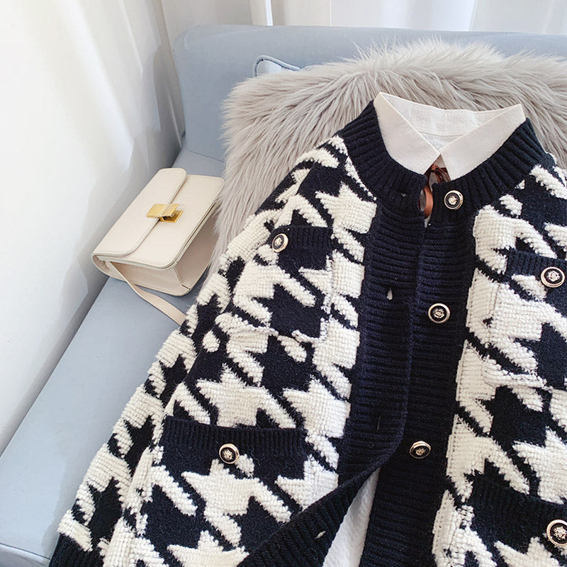 Pull cardigan à carreaux Qianniao manteau tricoté xiaoxiangfeng 5087