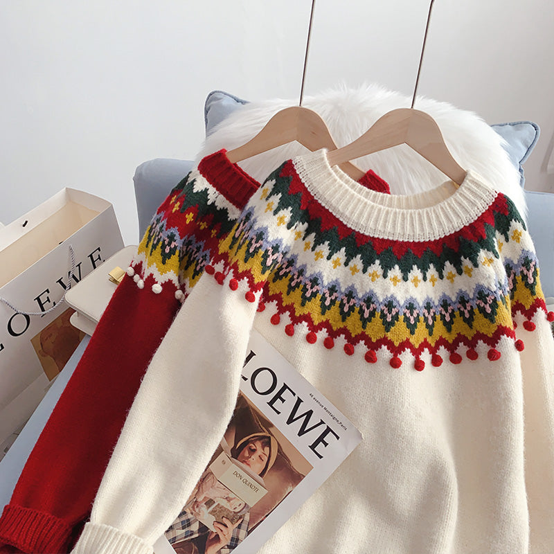 Pull rouge de Noël rétro japonais pour femme Pullover 5068