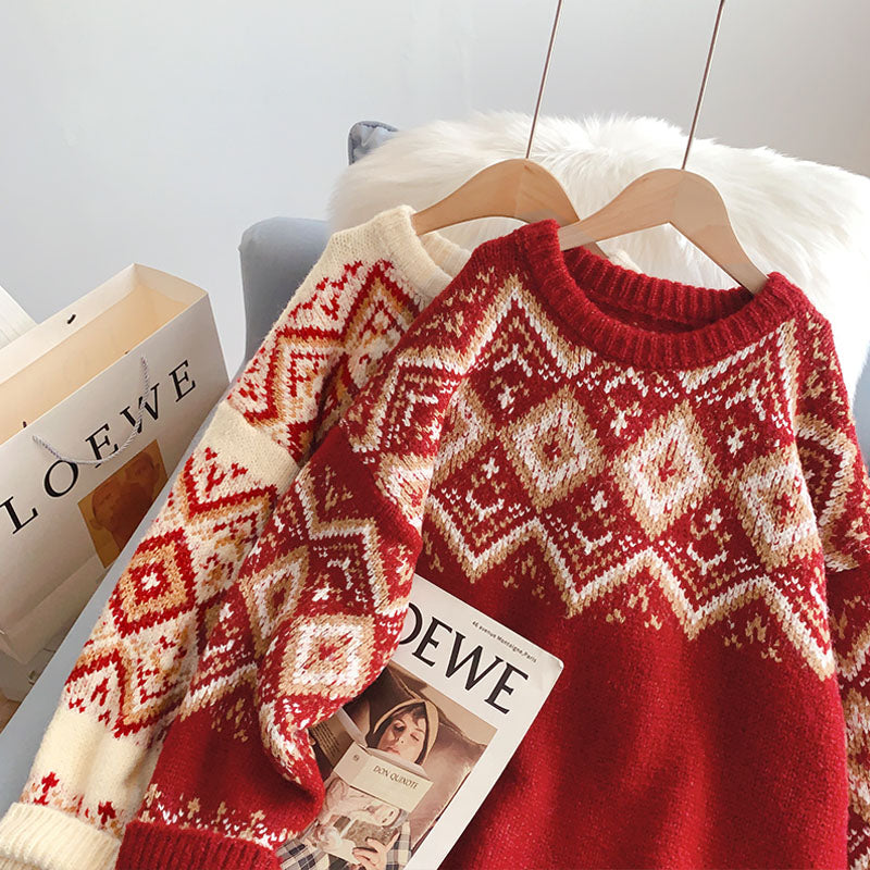 Pull de Noël rouge vintage Lingge Lazy Wind 4970