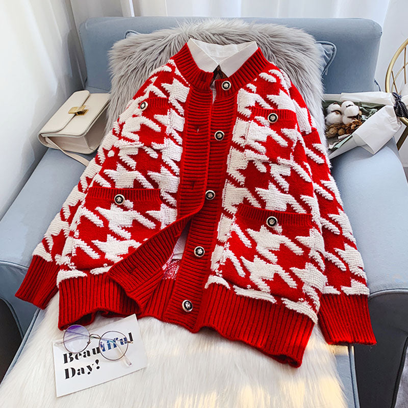 Pull cardigan à carreaux Qianniao manteau tricoté xiaoxiangfeng 5087