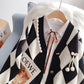 Cardigan tricoté à col en V et motif diamant vintage 5046