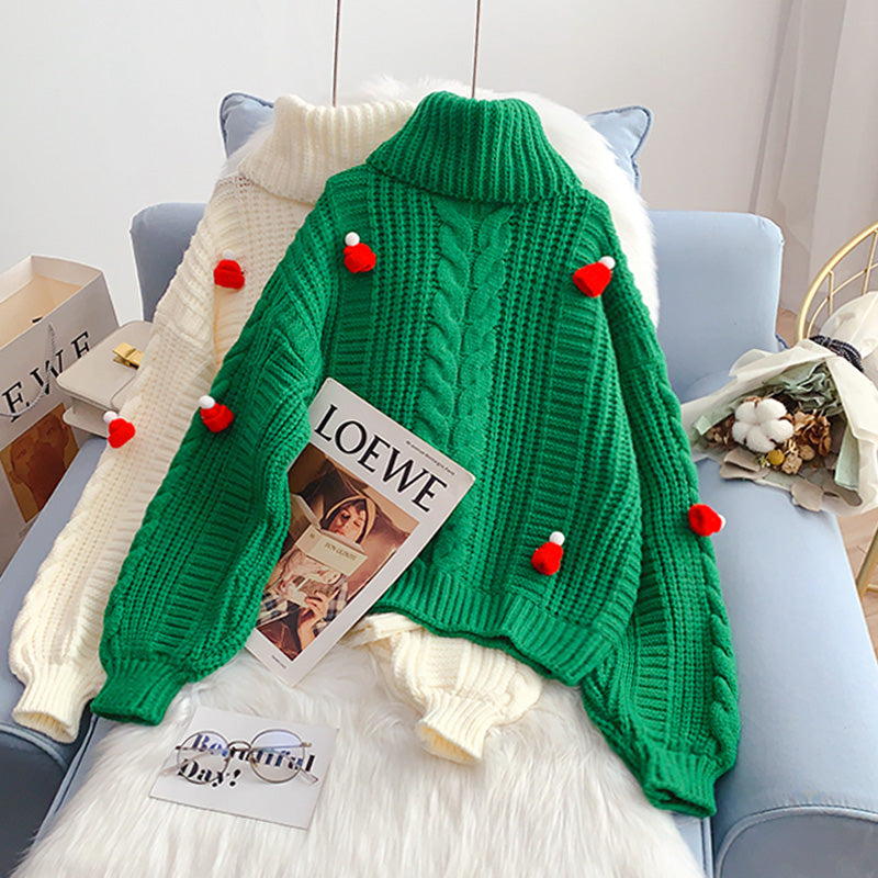 Pull col roulé style Noël épais ample style paresseux 4947
