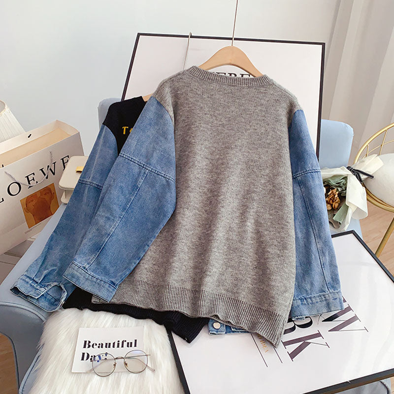 Pull en denim cousu au sens du design, faux deux femmes, saveur de port rétro 5050