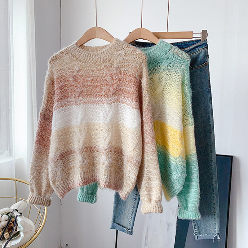 Pull ample en mohair tricoté de couleur cirée douce dégradée 5078